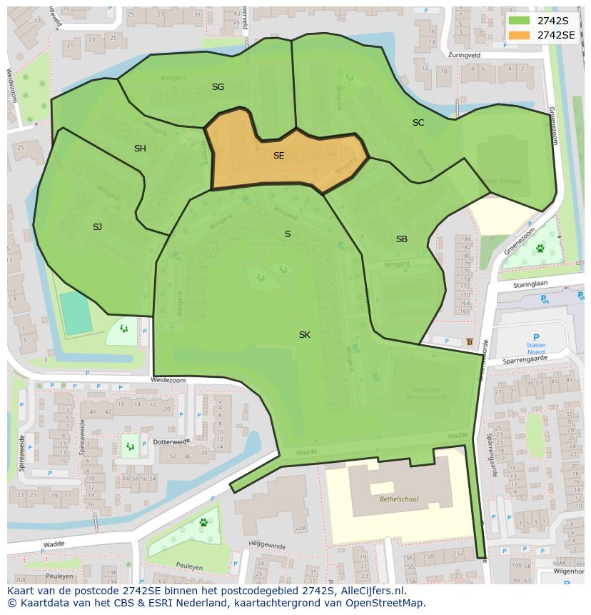Afbeelding van het postcodegebied 2742 SE op de kaart.