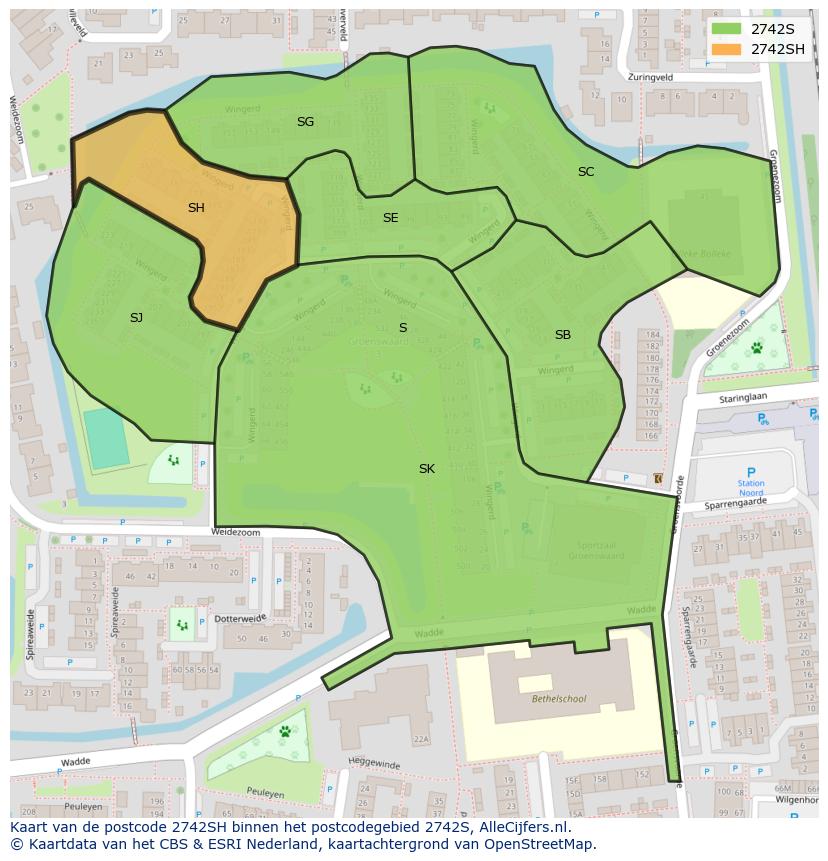 Afbeelding van het postcodegebied 2742 SH op de kaart.