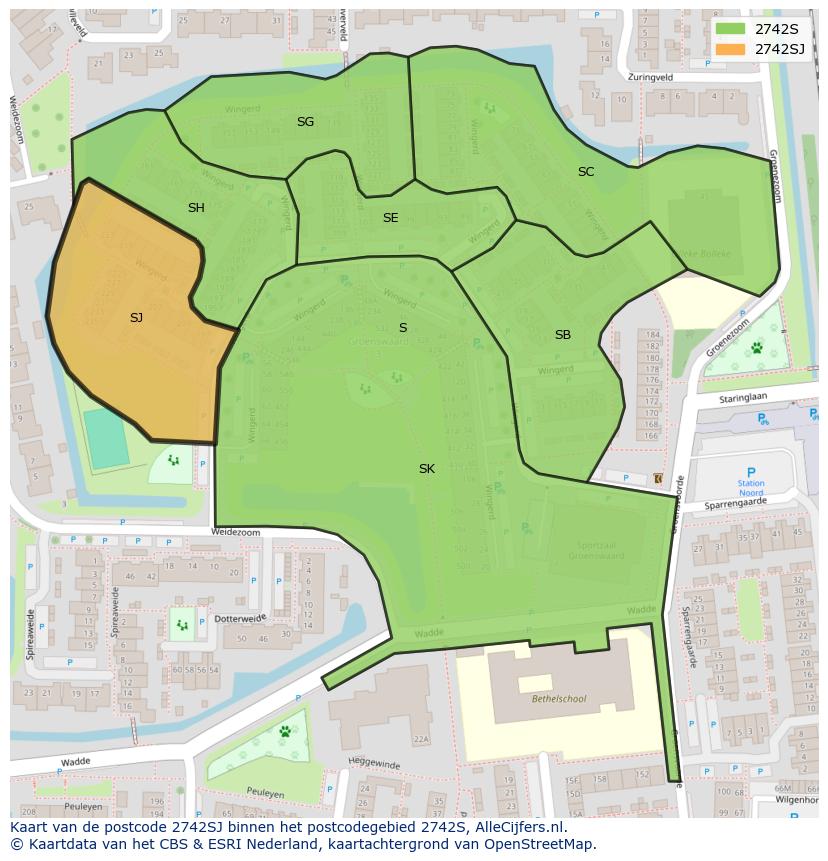 Afbeelding van het postcodegebied 2742 SJ op de kaart.