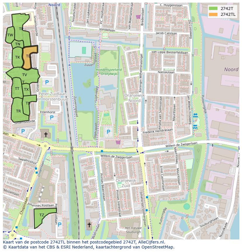 Afbeelding van het postcodegebied 2742 TL op de kaart.