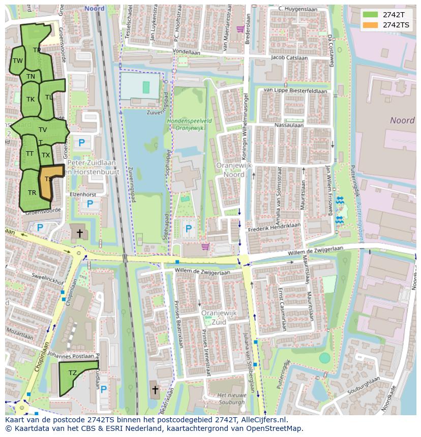 Afbeelding van het postcodegebied 2742 TS op de kaart.