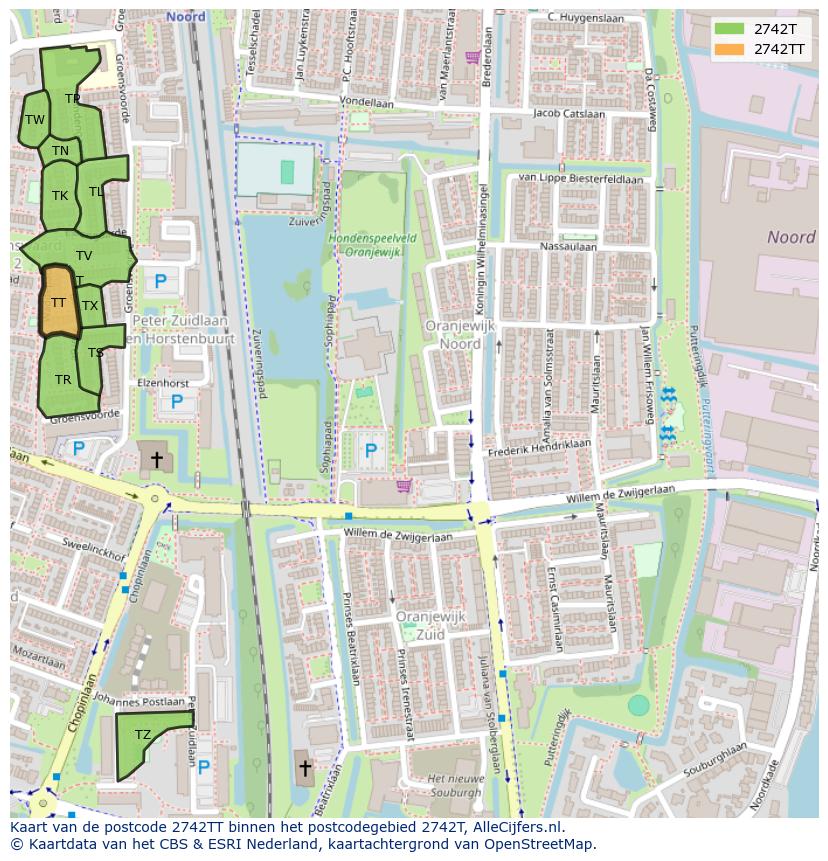 Afbeelding van het postcodegebied 2742 TT op de kaart.