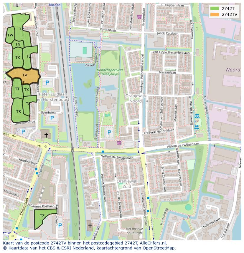 Afbeelding van het postcodegebied 2742 TV op de kaart.