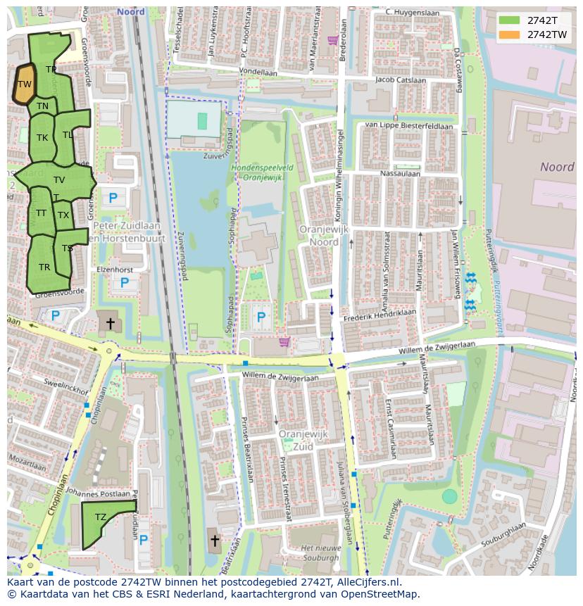 Afbeelding van het postcodegebied 2742 TW op de kaart.
