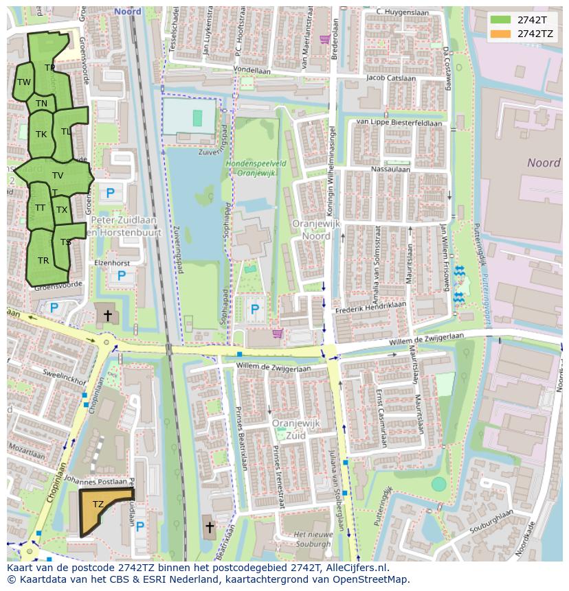 Afbeelding van het postcodegebied 2742 TZ op de kaart.