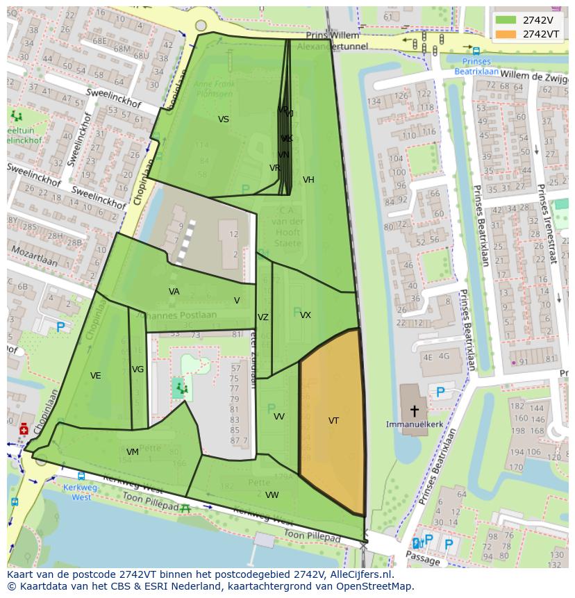 Afbeelding van het postcodegebied 2742 VT op de kaart.
