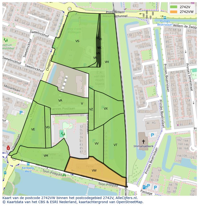 Afbeelding van het postcodegebied 2742 VW op de kaart.