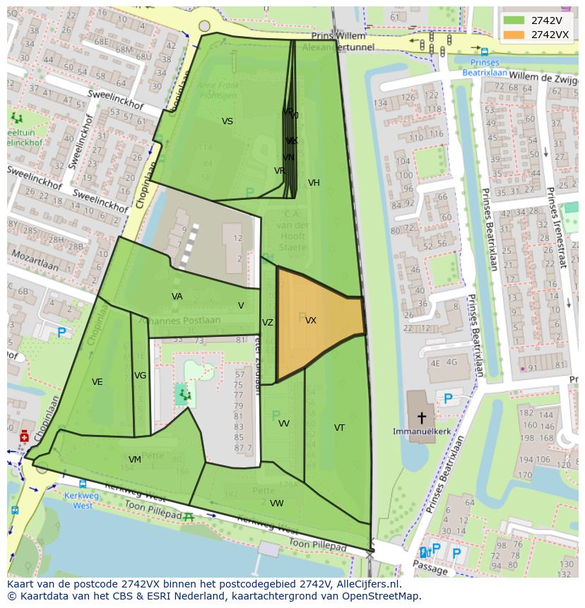 Afbeelding van het postcodegebied 2742 VX op de kaart.