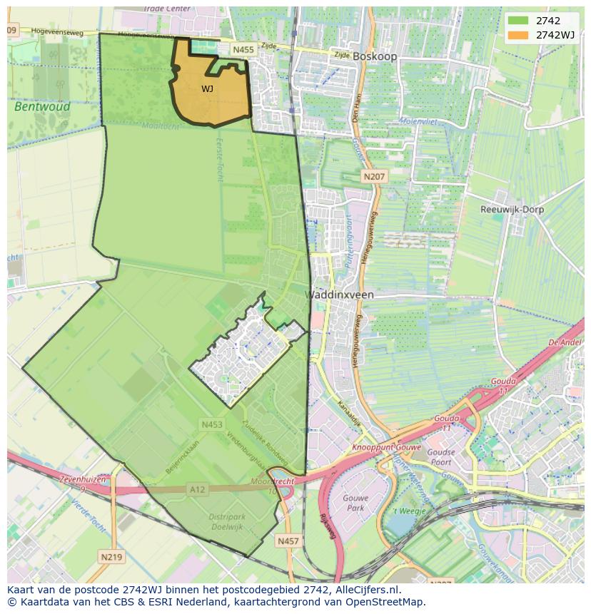 Afbeelding van het postcodegebied 2742 WJ op de kaart.