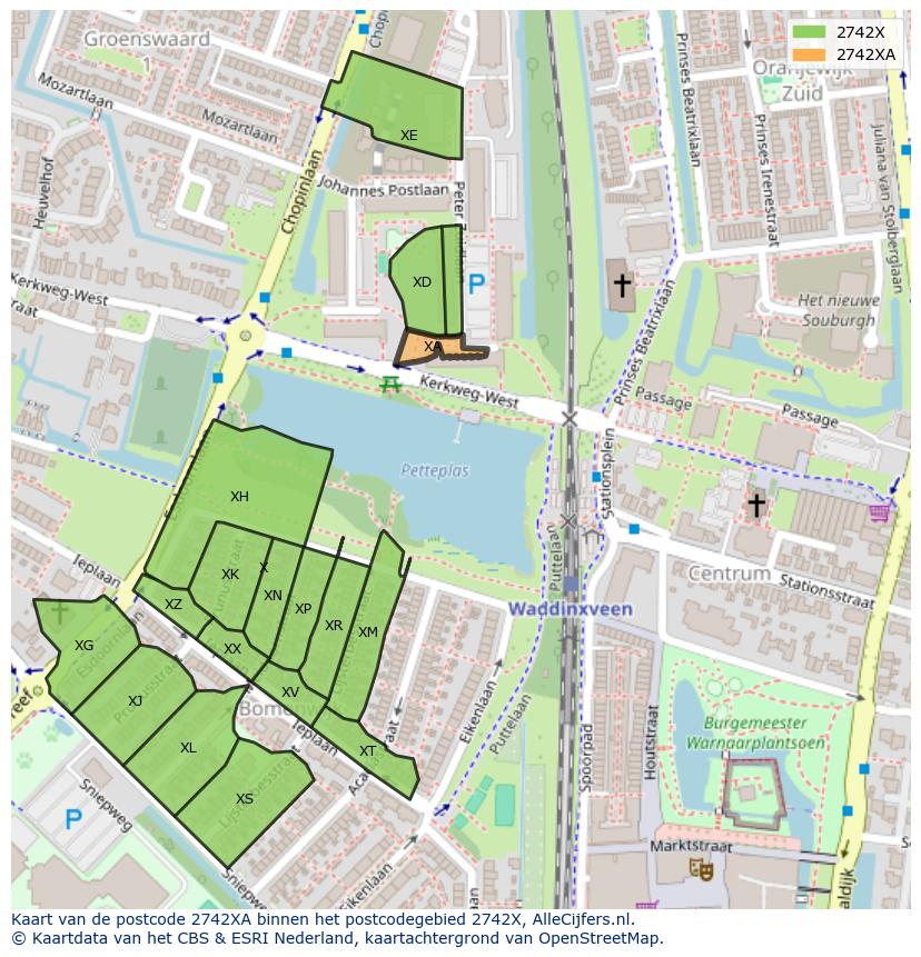 Afbeelding van het postcodegebied 2742 XA op de kaart.