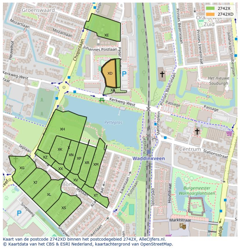Afbeelding van het postcodegebied 2742 XD op de kaart.