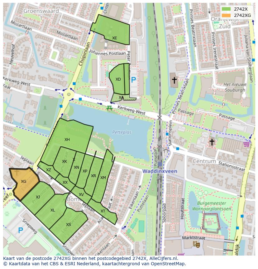 Afbeelding van het postcodegebied 2742 XG op de kaart.