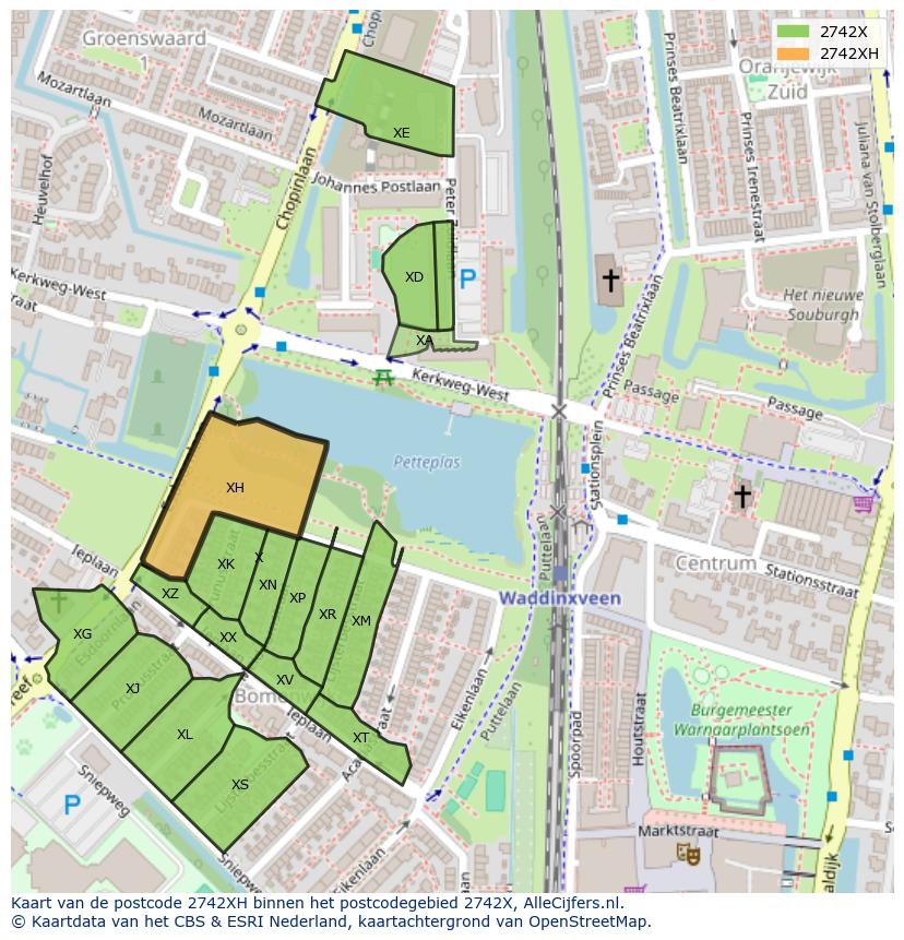 Afbeelding van het postcodegebied 2742 XH op de kaart.