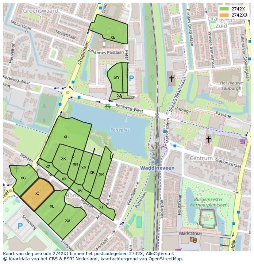 Afbeelding van het postcodegebied 2742 XJ op de kaart.
