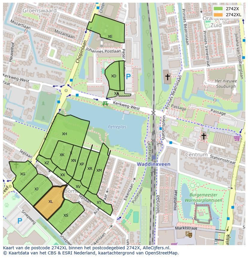 Afbeelding van het postcodegebied 2742 XL op de kaart.