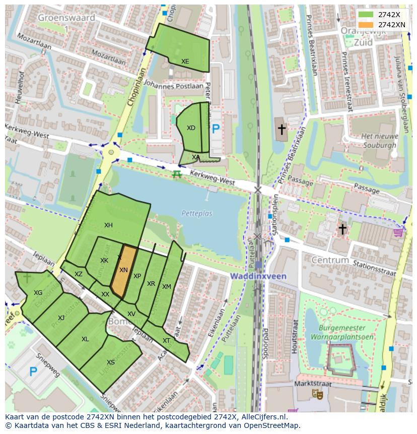 Afbeelding van het postcodegebied 2742 XN op de kaart.