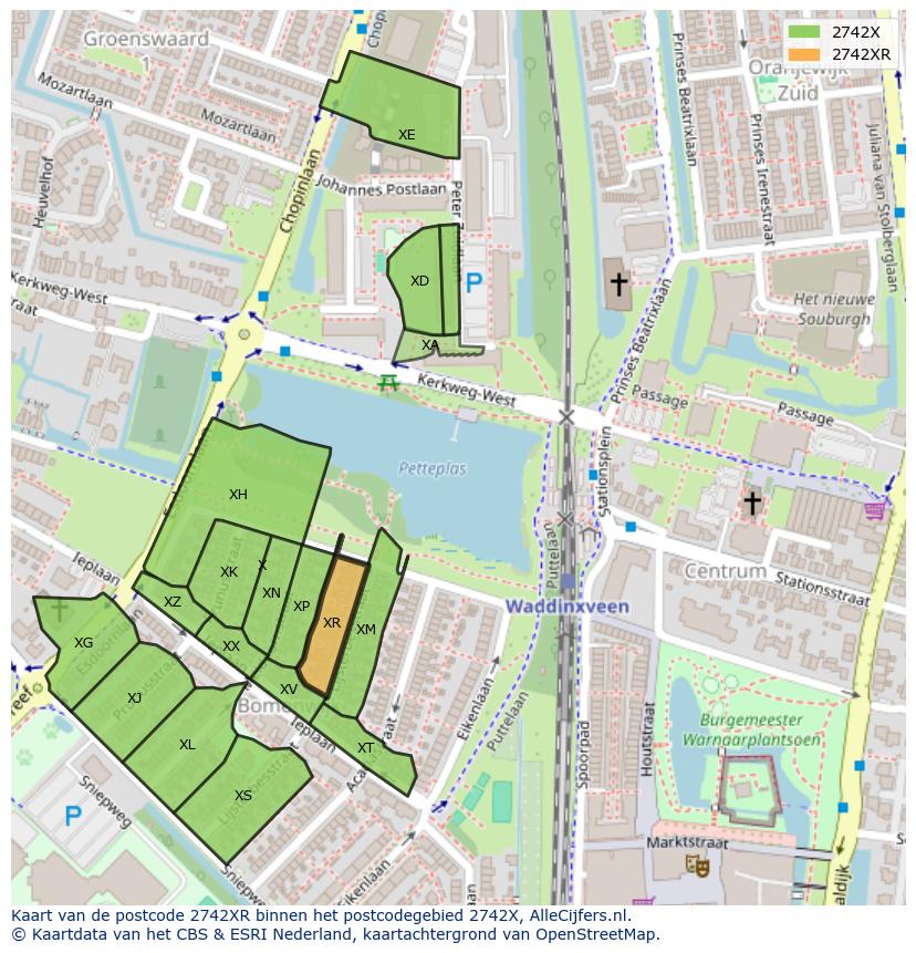 Afbeelding van het postcodegebied 2742 XR op de kaart.