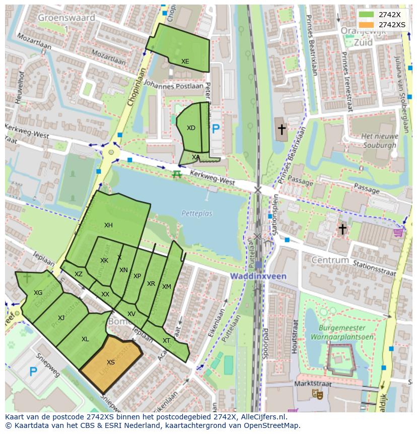 Afbeelding van het postcodegebied 2742 XS op de kaart.