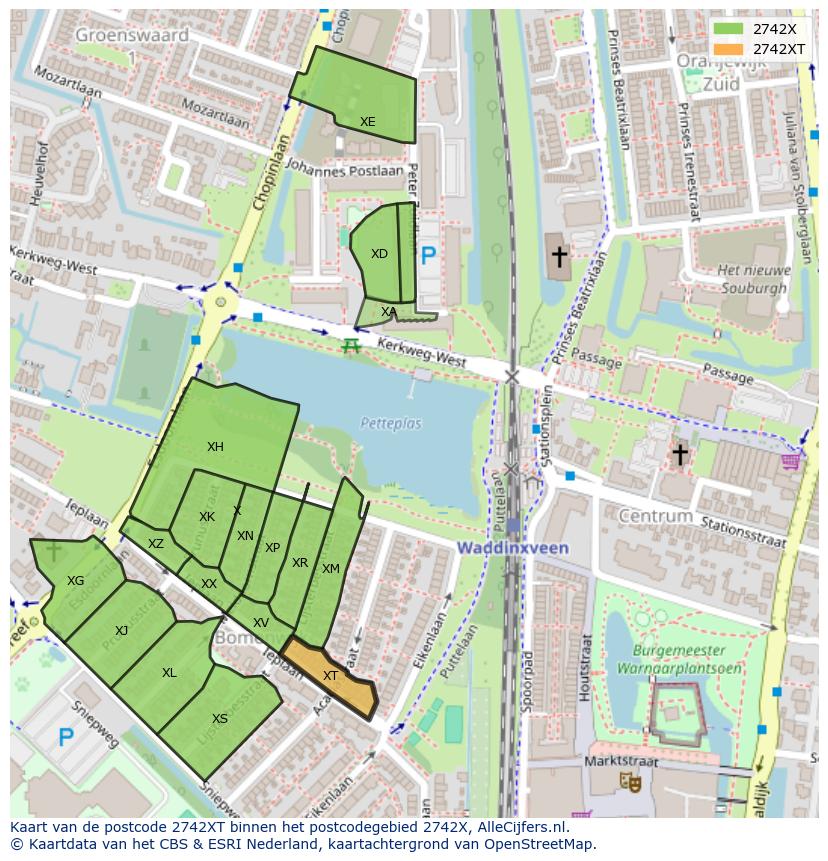 Afbeelding van het postcodegebied 2742 XT op de kaart.