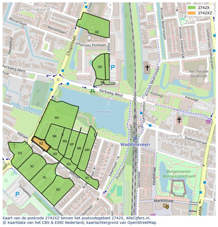 Afbeelding van het postcodegebied 2742 XZ op de kaart.
