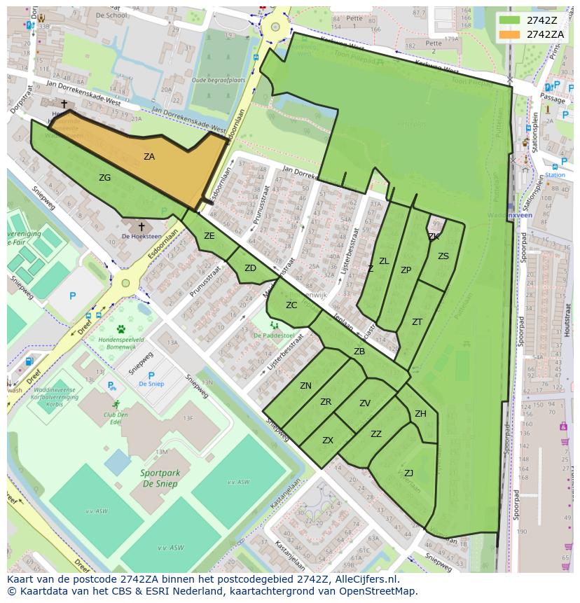Afbeelding van het postcodegebied 2742 ZA op de kaart.