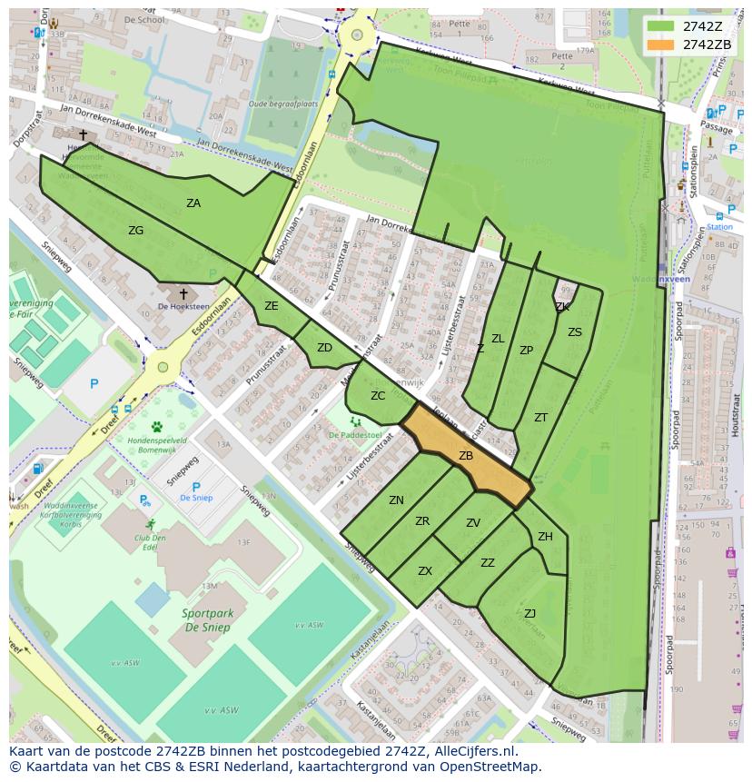 Afbeelding van het postcodegebied 2742 ZB op de kaart.