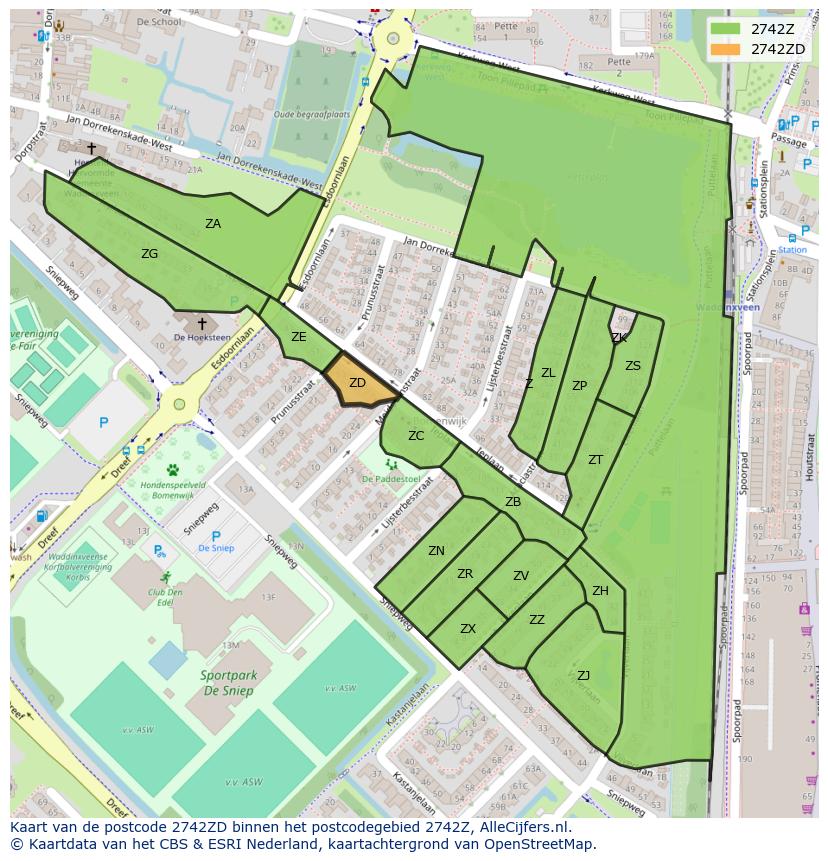 Afbeelding van het postcodegebied 2742 ZD op de kaart.