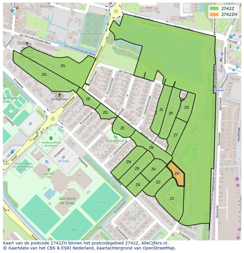 Afbeelding van het postcodegebied 2742 ZH op de kaart.