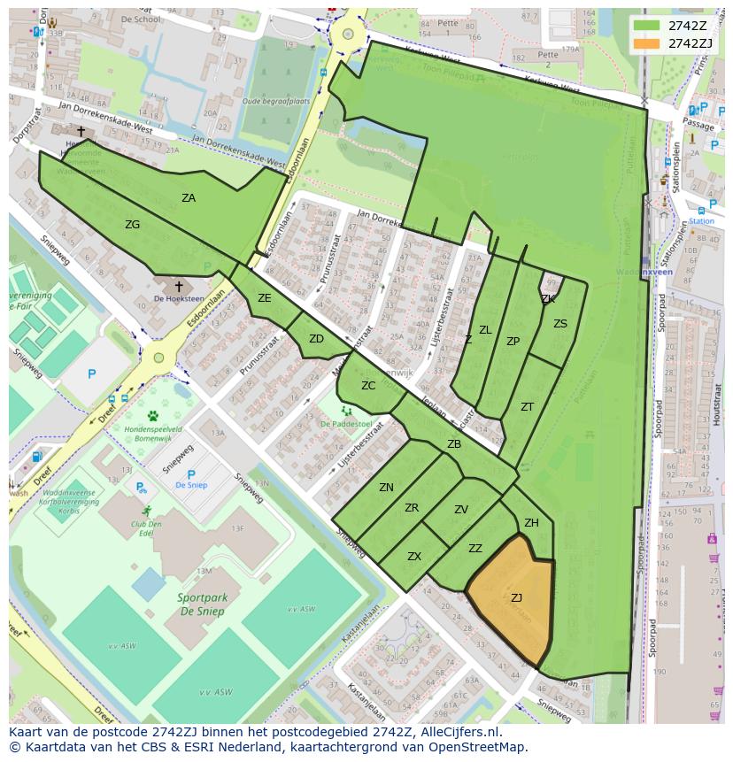 Afbeelding van het postcodegebied 2742 ZJ op de kaart.