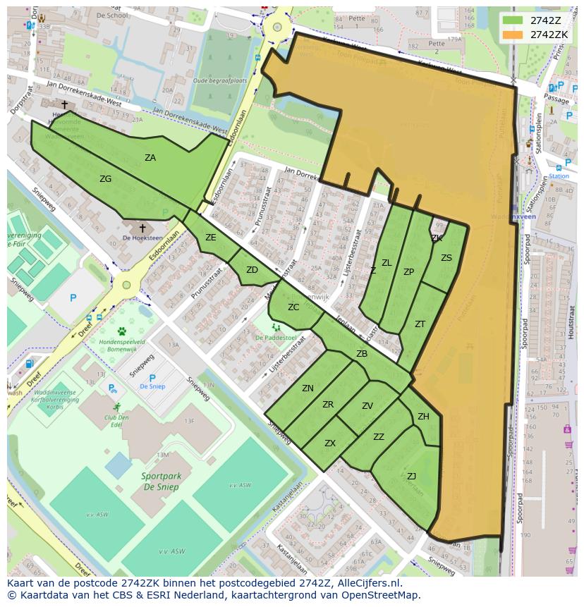Afbeelding van het postcodegebied 2742 ZK op de kaart.