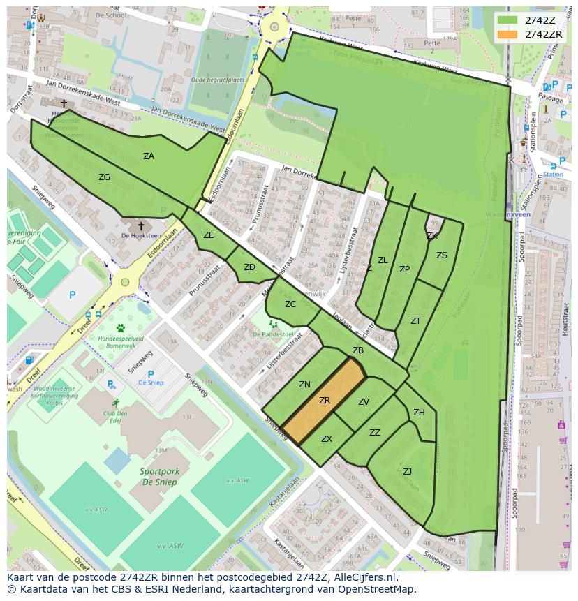 Afbeelding van het postcodegebied 2742 ZR op de kaart.