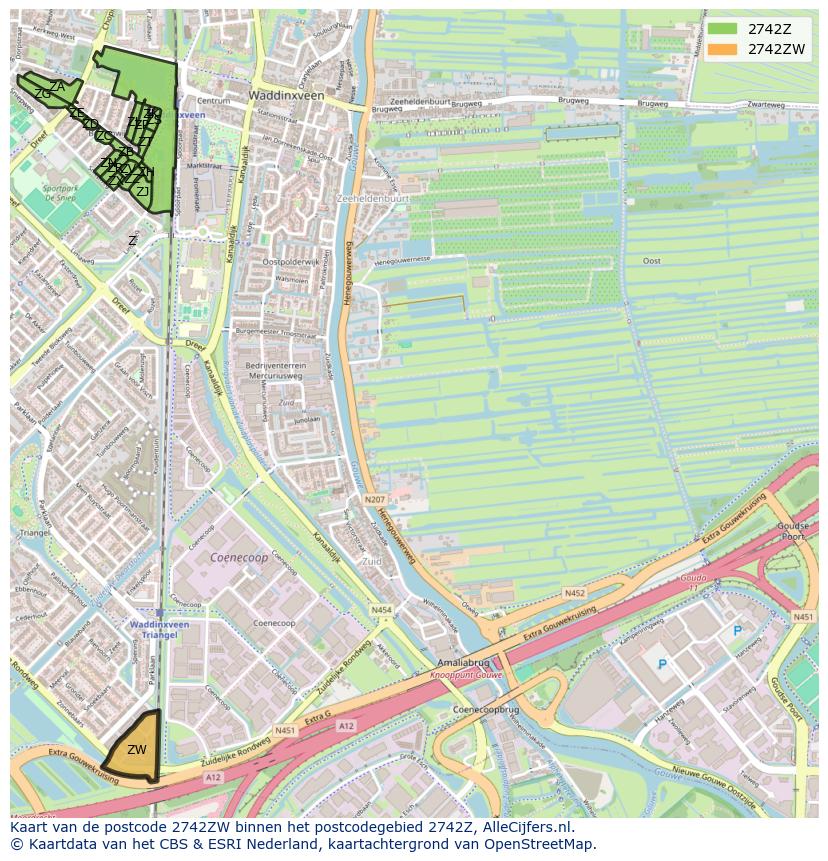 Afbeelding van het postcodegebied 2742 ZW op de kaart.