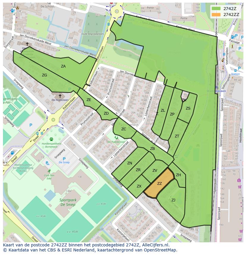 Afbeelding van het postcodegebied 2742 ZZ op de kaart.