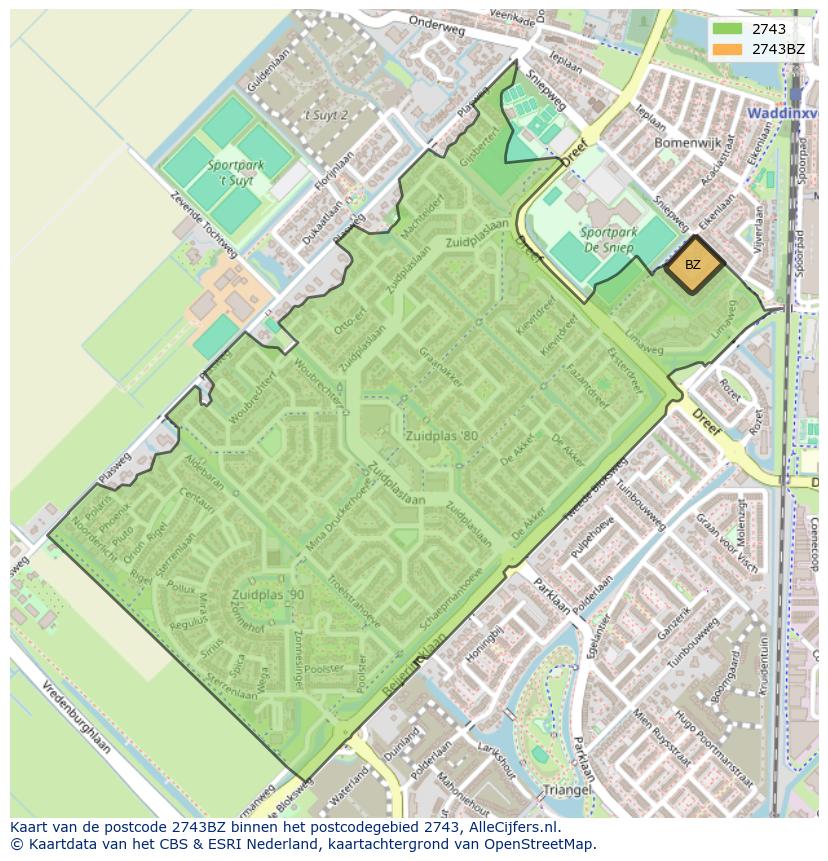 Afbeelding van het postcodegebied 2743 BZ op de kaart.