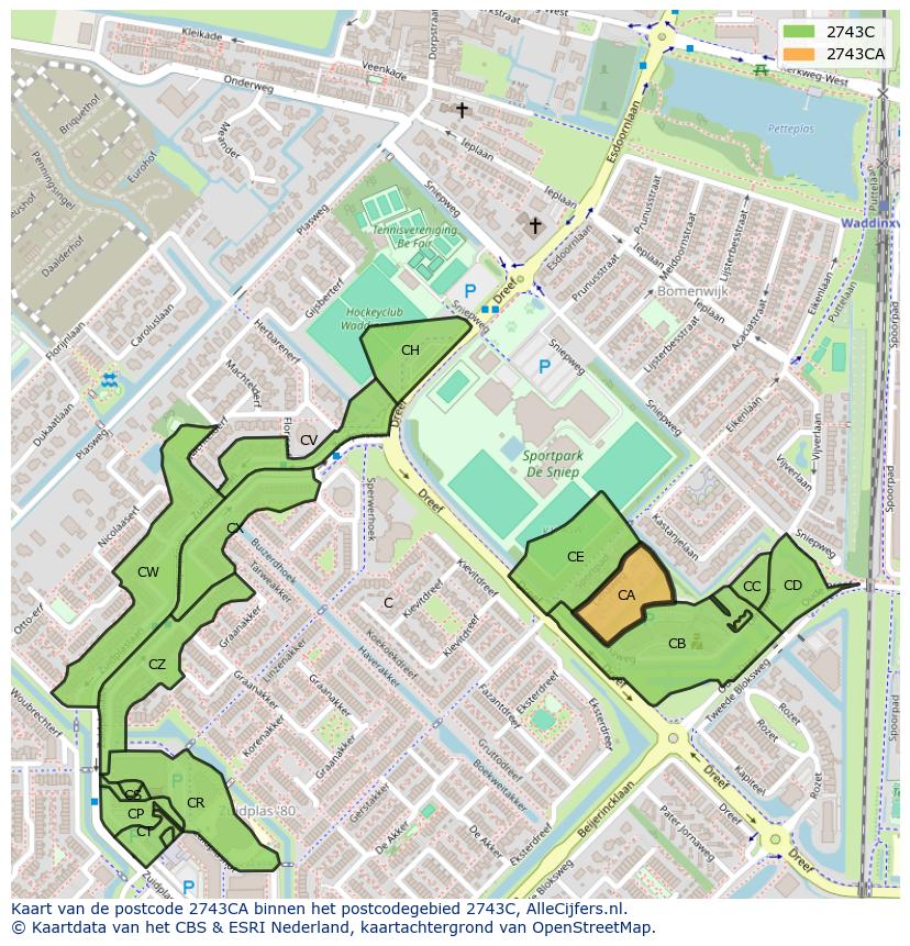 Afbeelding van het postcodegebied 2743 CA op de kaart.