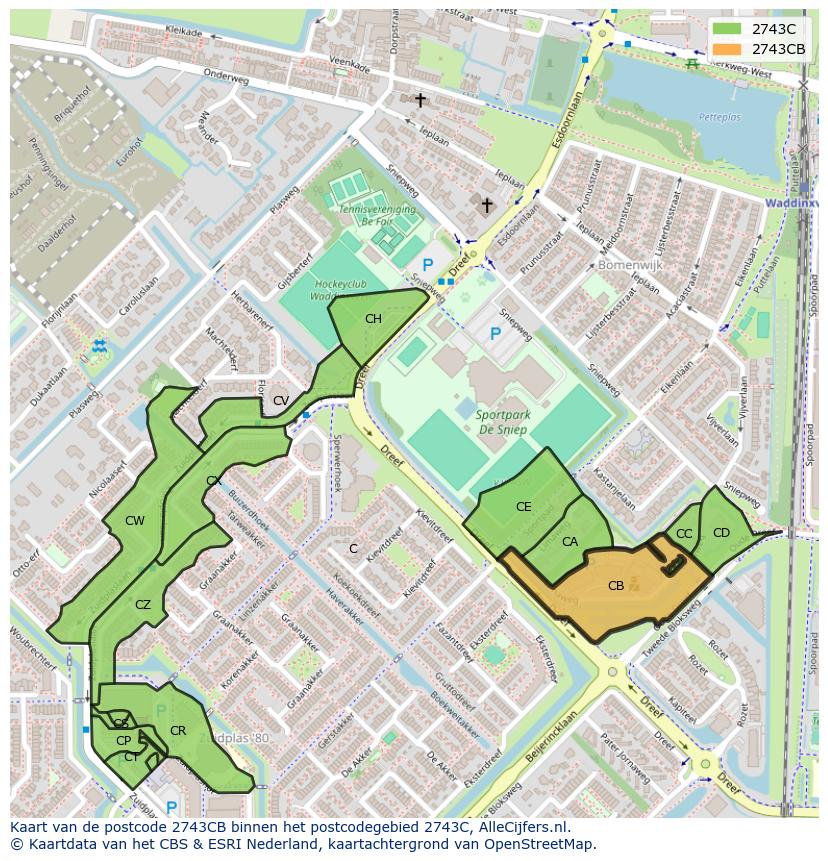 Afbeelding van het postcodegebied 2743 CB op de kaart.