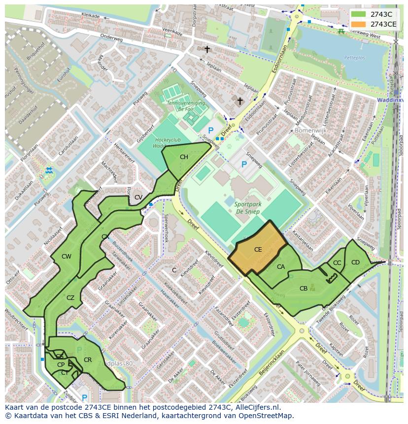 Afbeelding van het postcodegebied 2743 CE op de kaart.