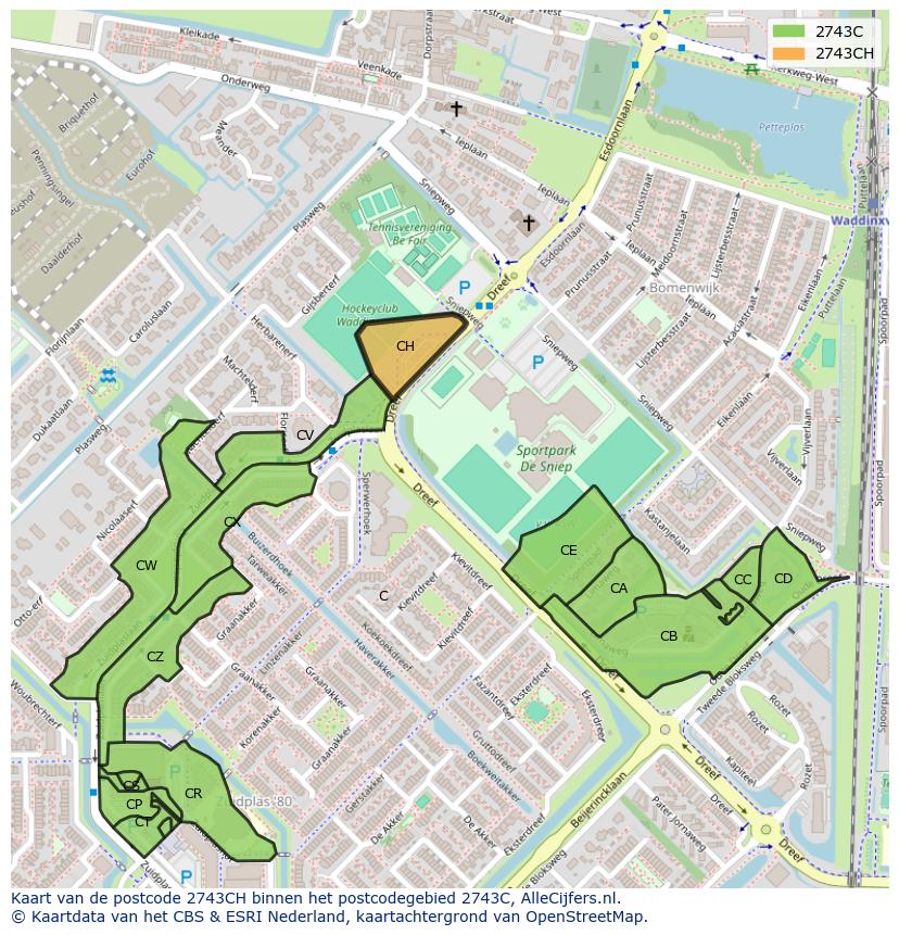 Afbeelding van het postcodegebied 2743 CH op de kaart.