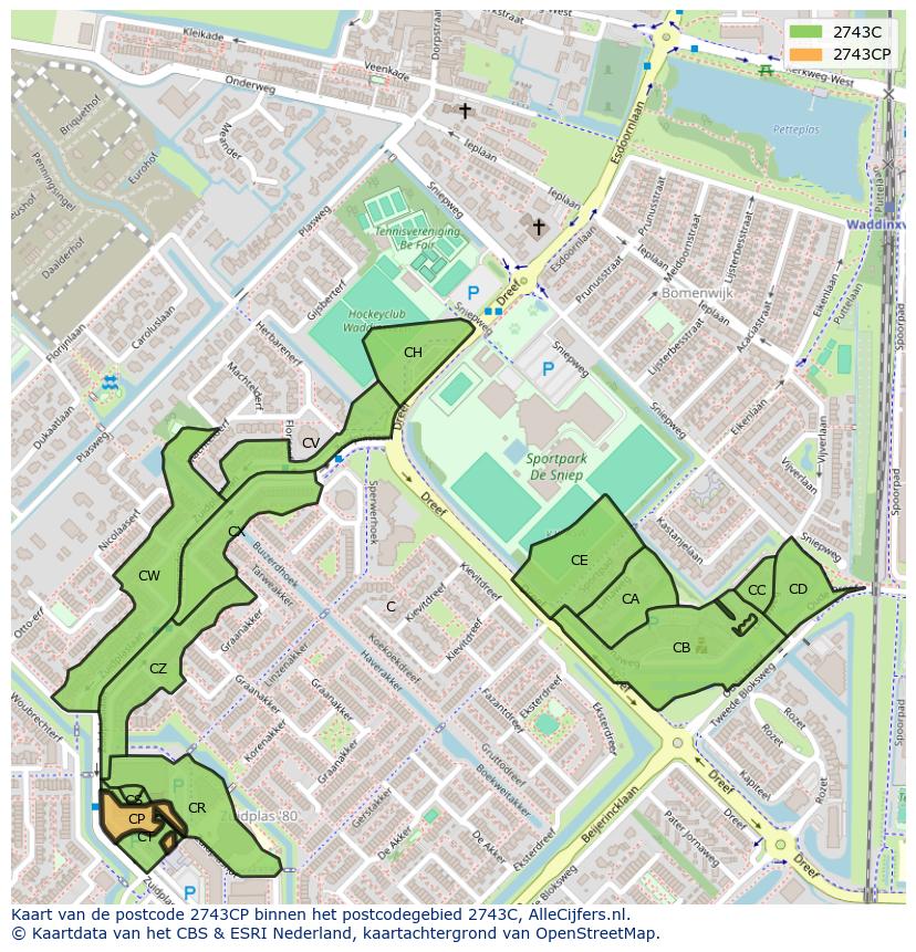 Afbeelding van het postcodegebied 2743 CP op de kaart.