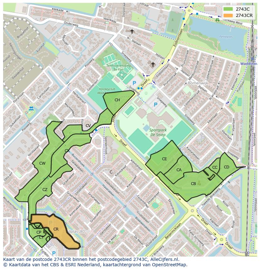 Afbeelding van het postcodegebied 2743 CR op de kaart.
