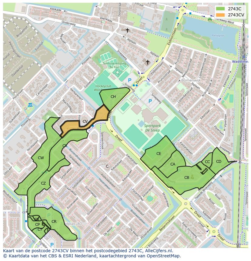 Afbeelding van het postcodegebied 2743 CV op de kaart.