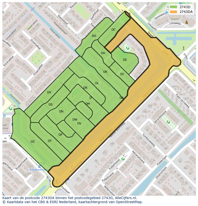 Afbeelding van het postcodegebied 2743 DA op de kaart.