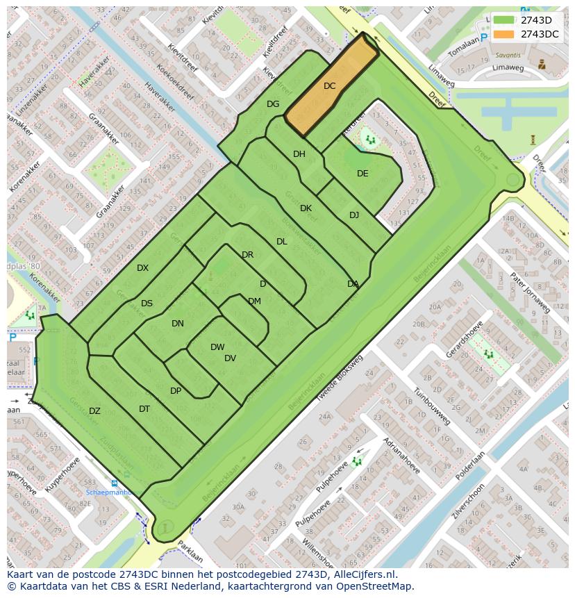 Afbeelding van het postcodegebied 2743 DC op de kaart.