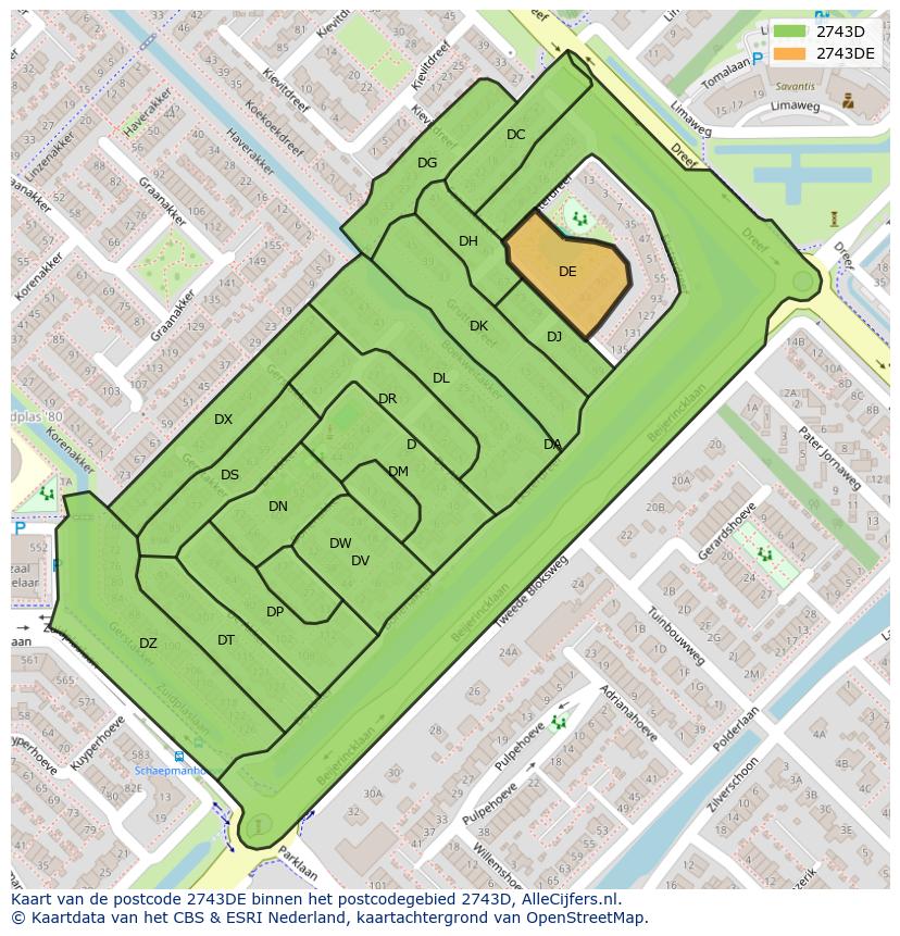 Afbeelding van het postcodegebied 2743 DE op de kaart.