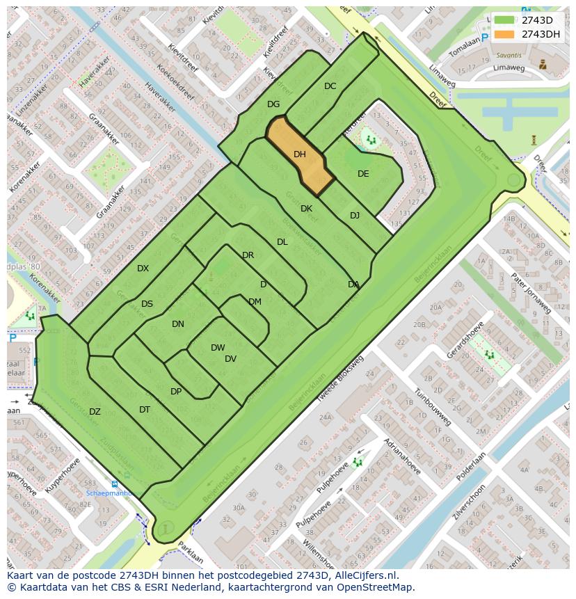 Afbeelding van het postcodegebied 2743 DH op de kaart.