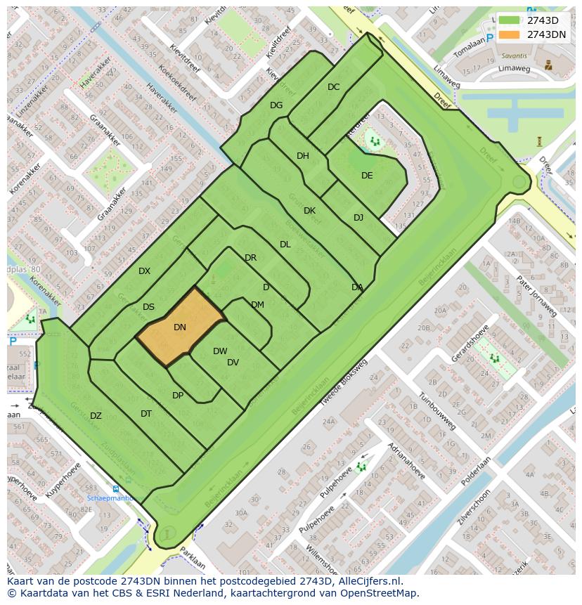 Afbeelding van het postcodegebied 2743 DN op de kaart.