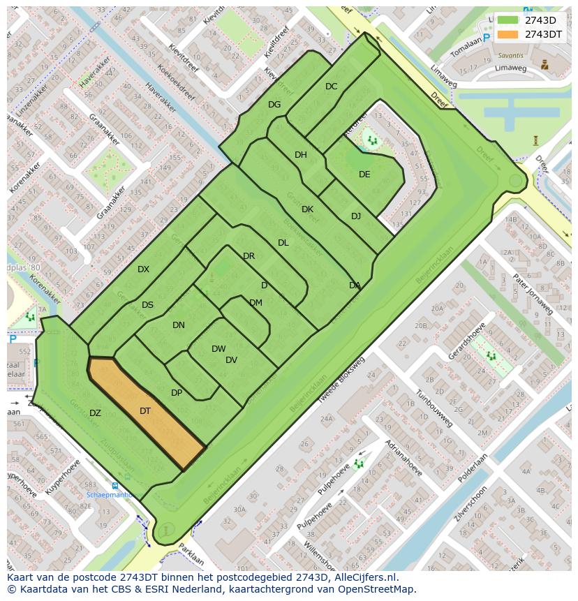 Afbeelding van het postcodegebied 2743 DT op de kaart.