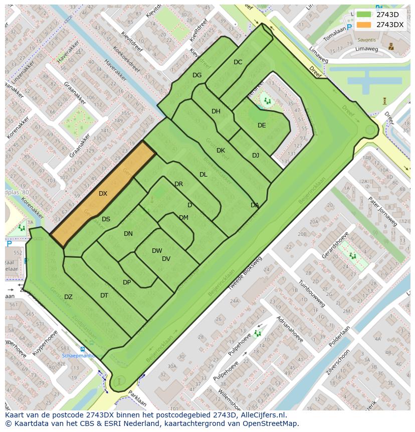 Afbeelding van het postcodegebied 2743 DX op de kaart.