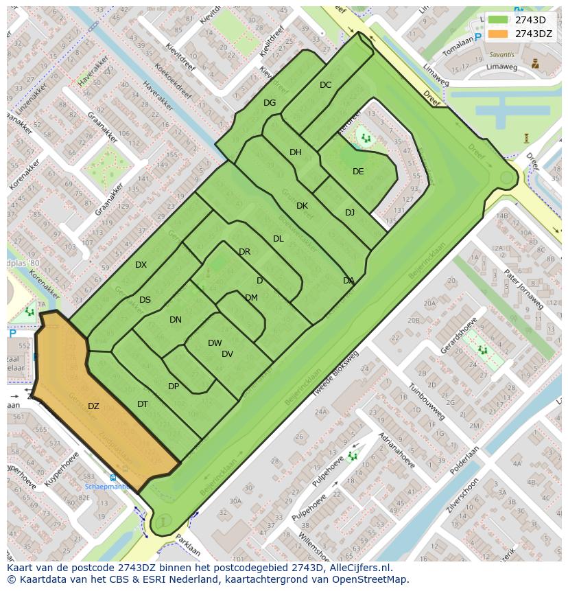 Afbeelding van het postcodegebied 2743 DZ op de kaart.