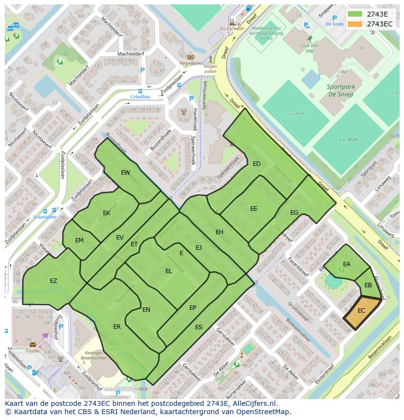 Afbeelding van het postcodegebied 2743 EC op de kaart.
